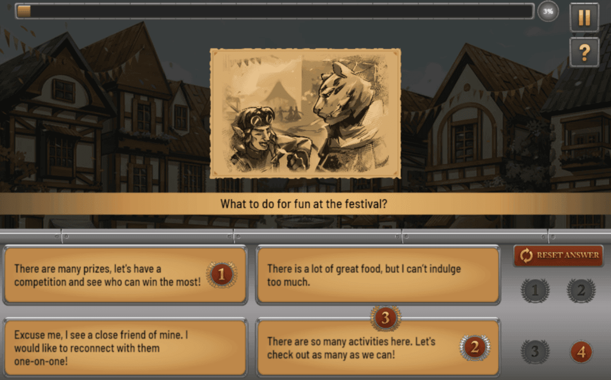 A DEUS Discover story scene at a town festival: "What to do for fun at the festival?", with four answers to rank.