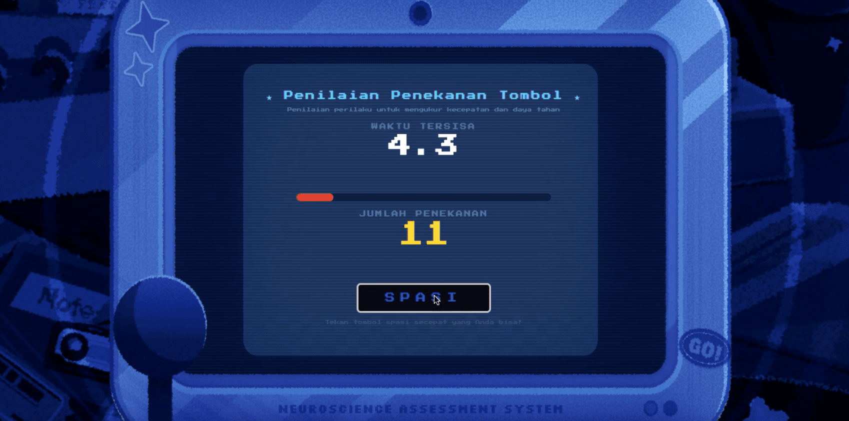 The Keypress Game: a countdown timer, a count of key presses so far and a space bar to press as fast as you can.
