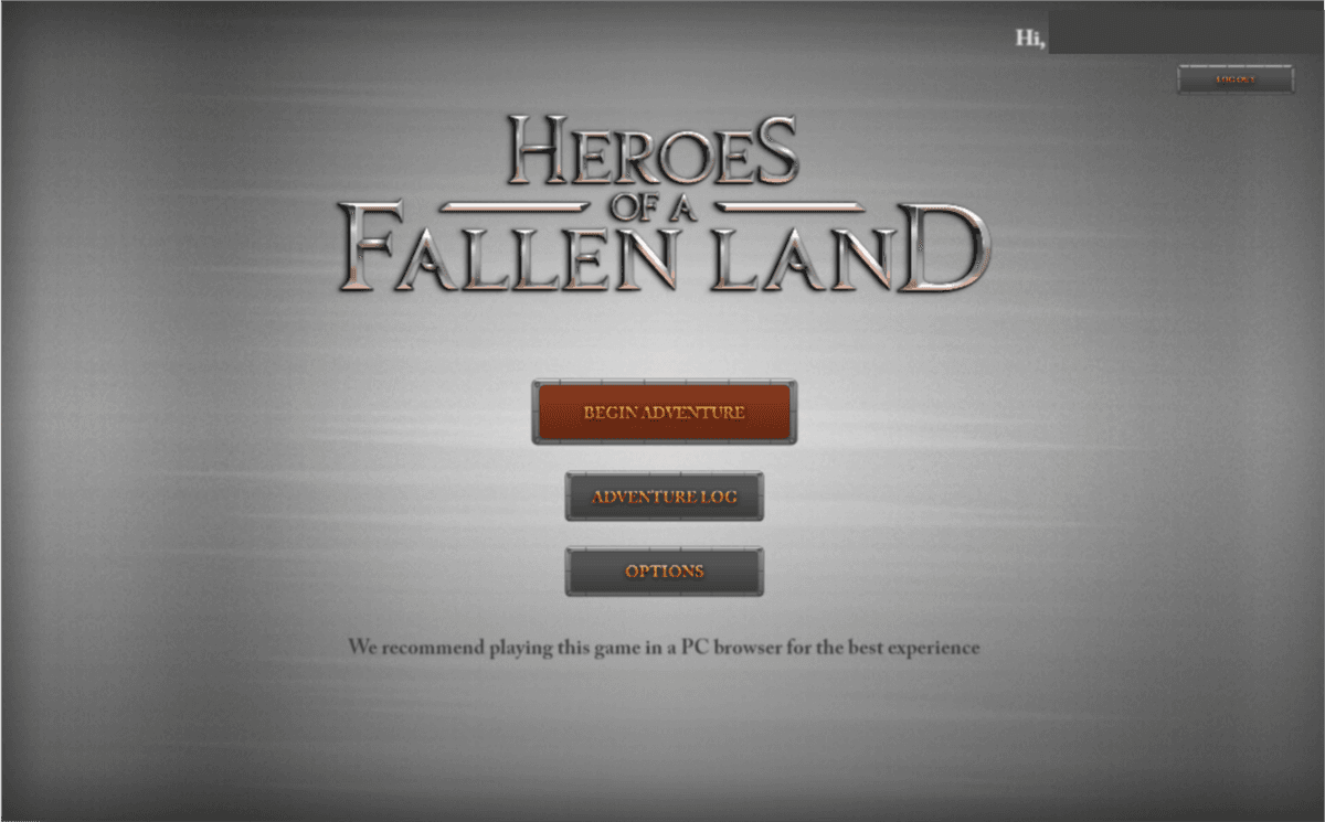 The DEUS Discover title screen, Heroes of a Fallen Land, with a Begin Adventure button.