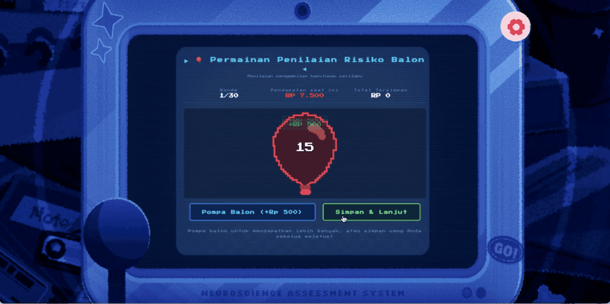 The Balloon Game: a balloon pumped 15 times, with a button to pump it again for more money and one to bank the money and move on.