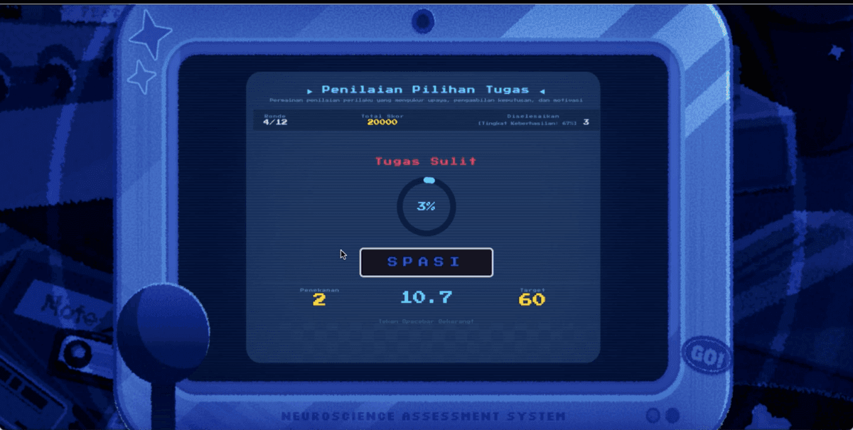 The Hard or Easy Task: a hard task under way, with a progress ring, a space bar to press and a countdown.