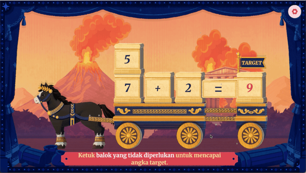 Mallet Math: number blocks on a horse-drawn cart, and a target to reach.