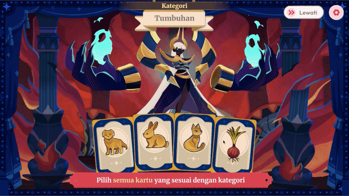 Match Blast: four picture cards, and the instruction to pick every card that fits the category "plants".