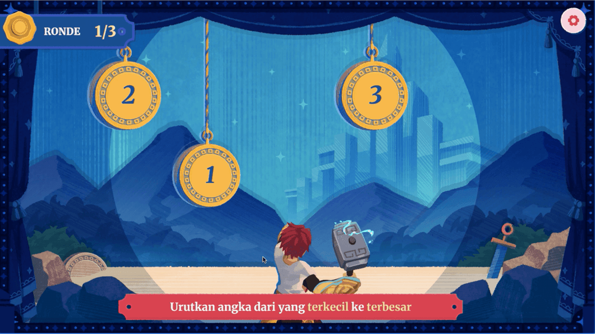 Objective Shooter: three numbered medallions hanging over a mountain landscape, to be put in order from smallest to largest.