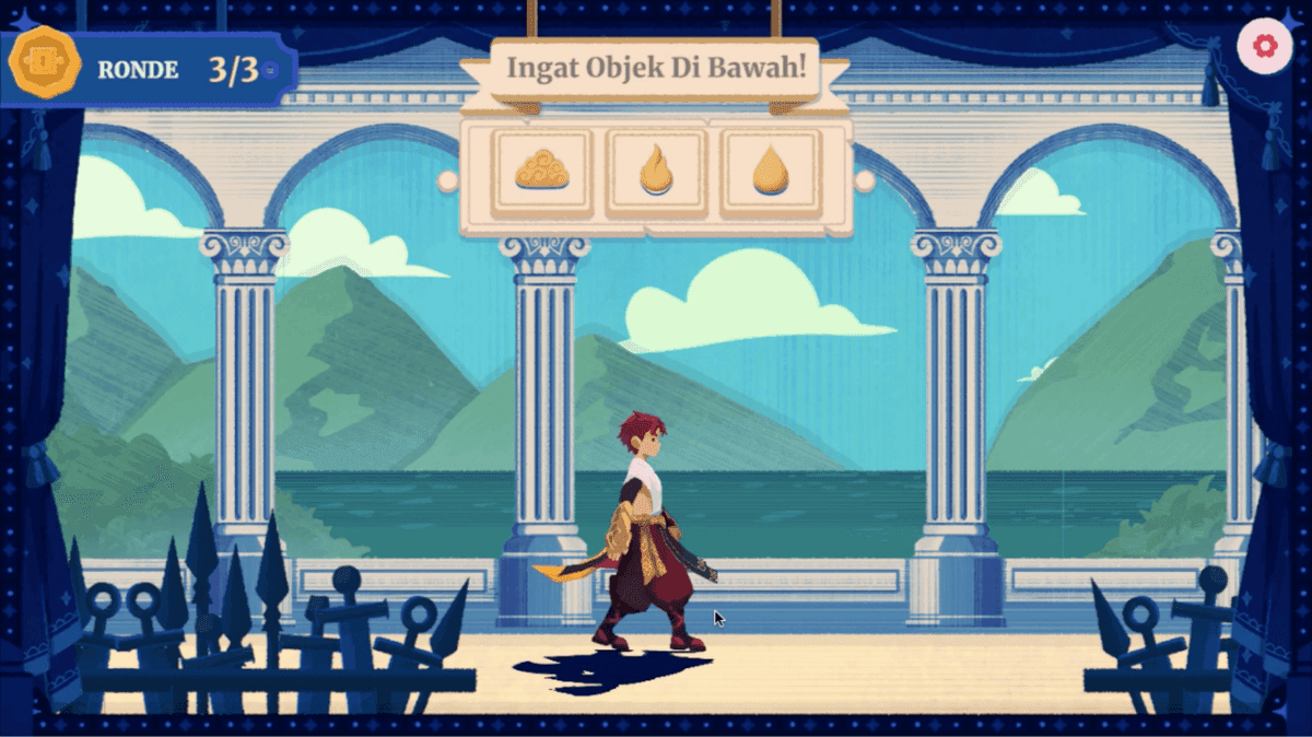 Reverse Retention: three objects to remember, shown above a character walking along a colonnade.