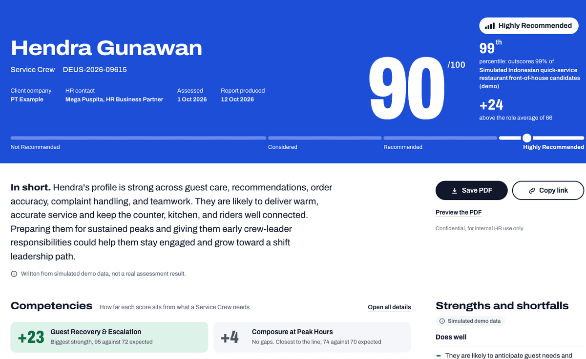 A suitability report for a Service Crew candidate: 90 out of 100, Highly Recommended, 99th percentile, with a short summary and their top competencies.